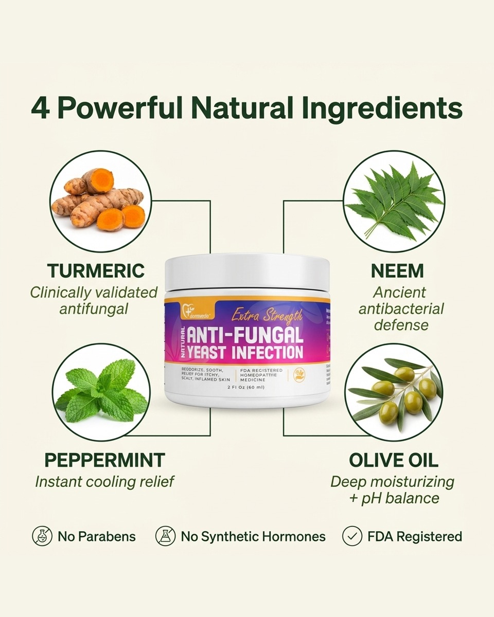 Four natural ingredients in Dermveda yeast infection cream — turmeric antifungal, neem antibacterial, peppermint cooling relief and olive oil moisturizer, paraben free and hormone free