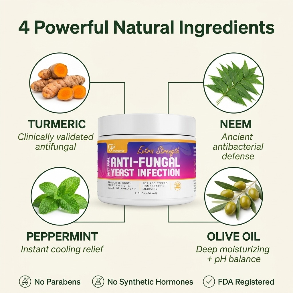 Four natural ingredients in Dermveda yeast infection cream — turmeric antifungal, neem antibacterial, peppermint cooling relief and olive oil moisturizer, paraben free and hormone free
