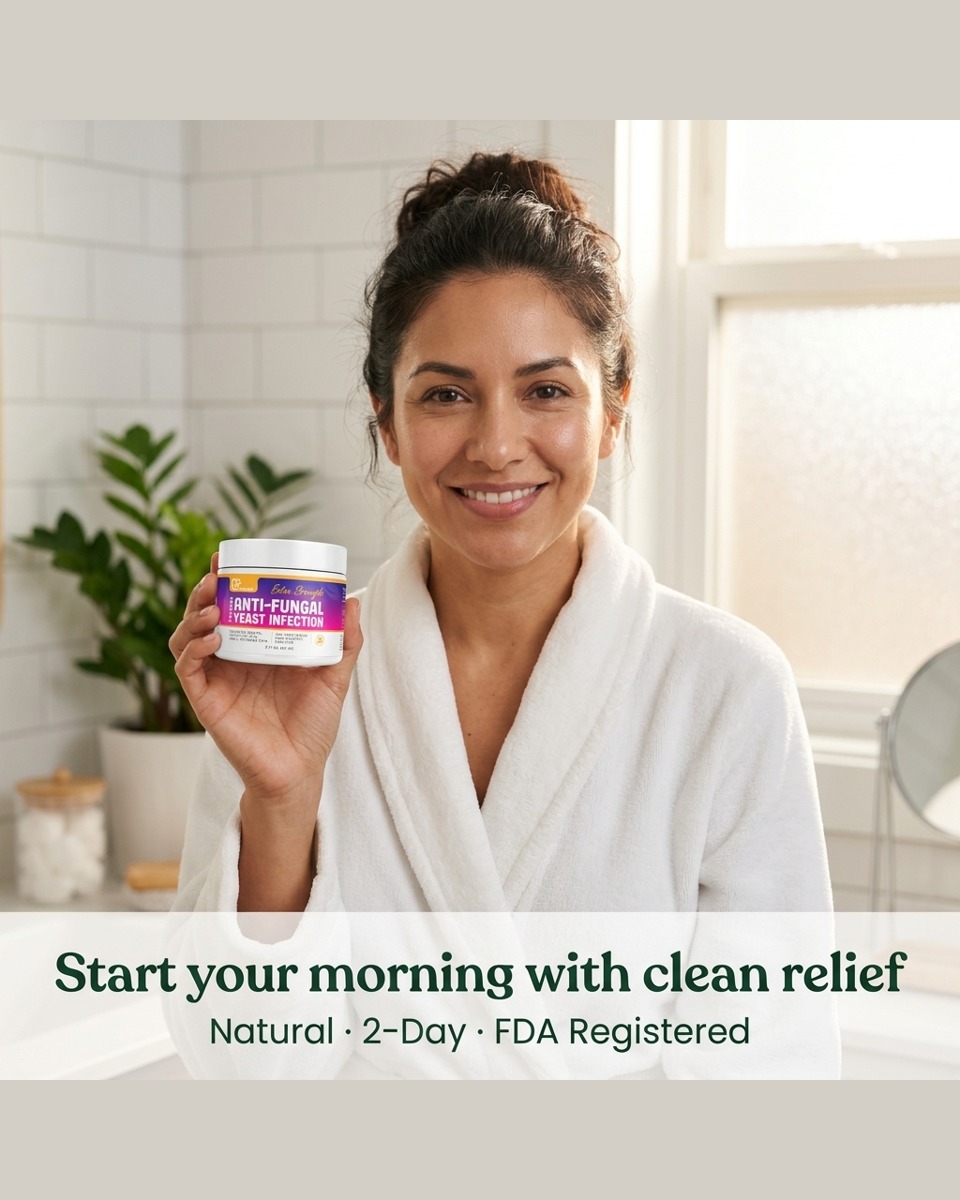 Woman in a bathrobe holding Dermveda natural yeast infection cream in her bathroom — clean 2-day natural relief for vaginal yeast infection itching and irritation