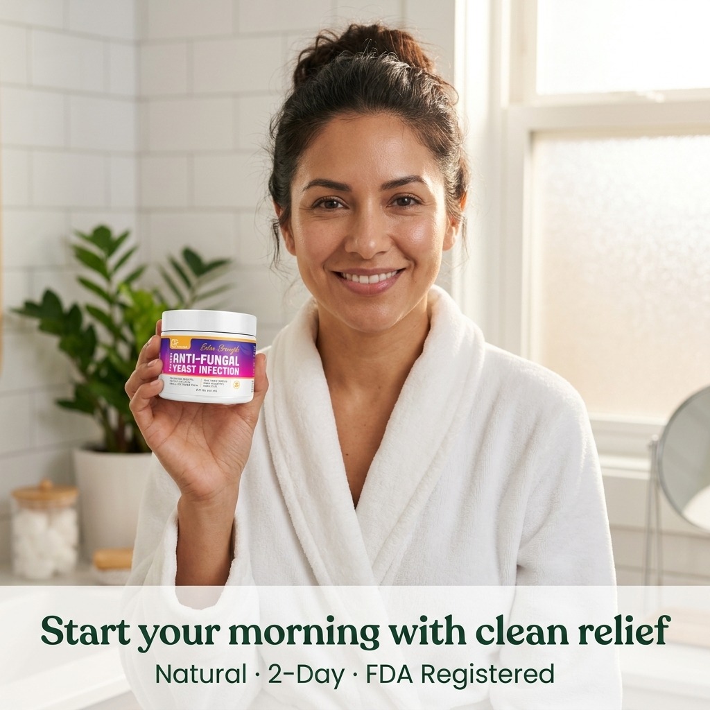 Woman in a bathrobe holding Dermveda natural yeast infection cream in her bathroom — clean 2-day natural relief for vaginal yeast infection itching and irritation