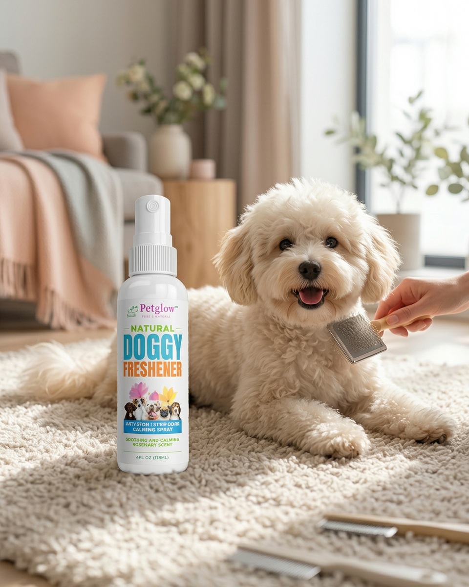 Happy dog being groomed at home with PetGlow Natural Doggy Freshener