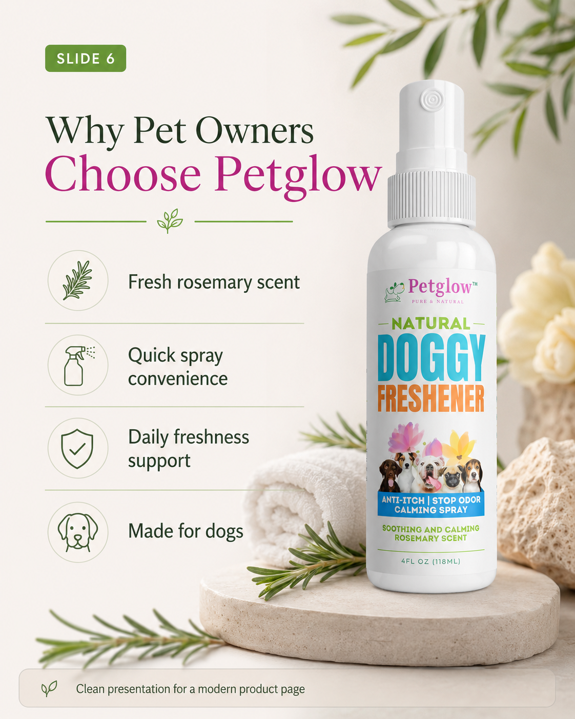 Why pet owners choose PetGlow — rosemary scent, quick spray, daily freshness