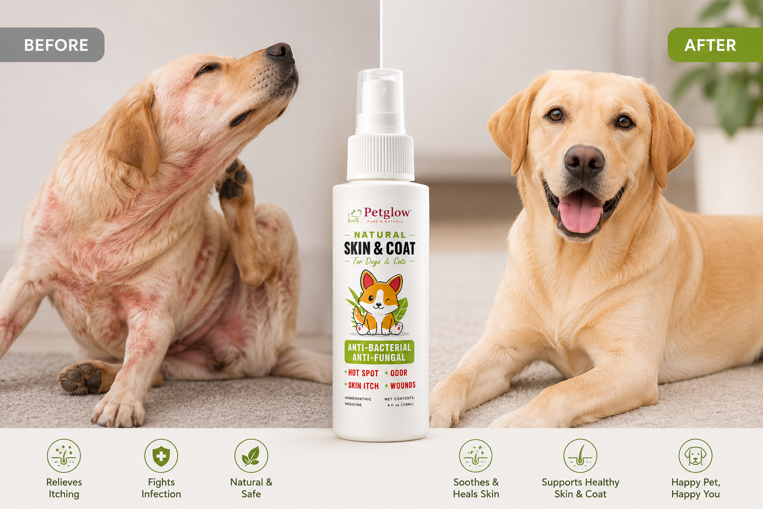 Before and after results of PetGlow Natural Skin & Coat Spray on dog skin
