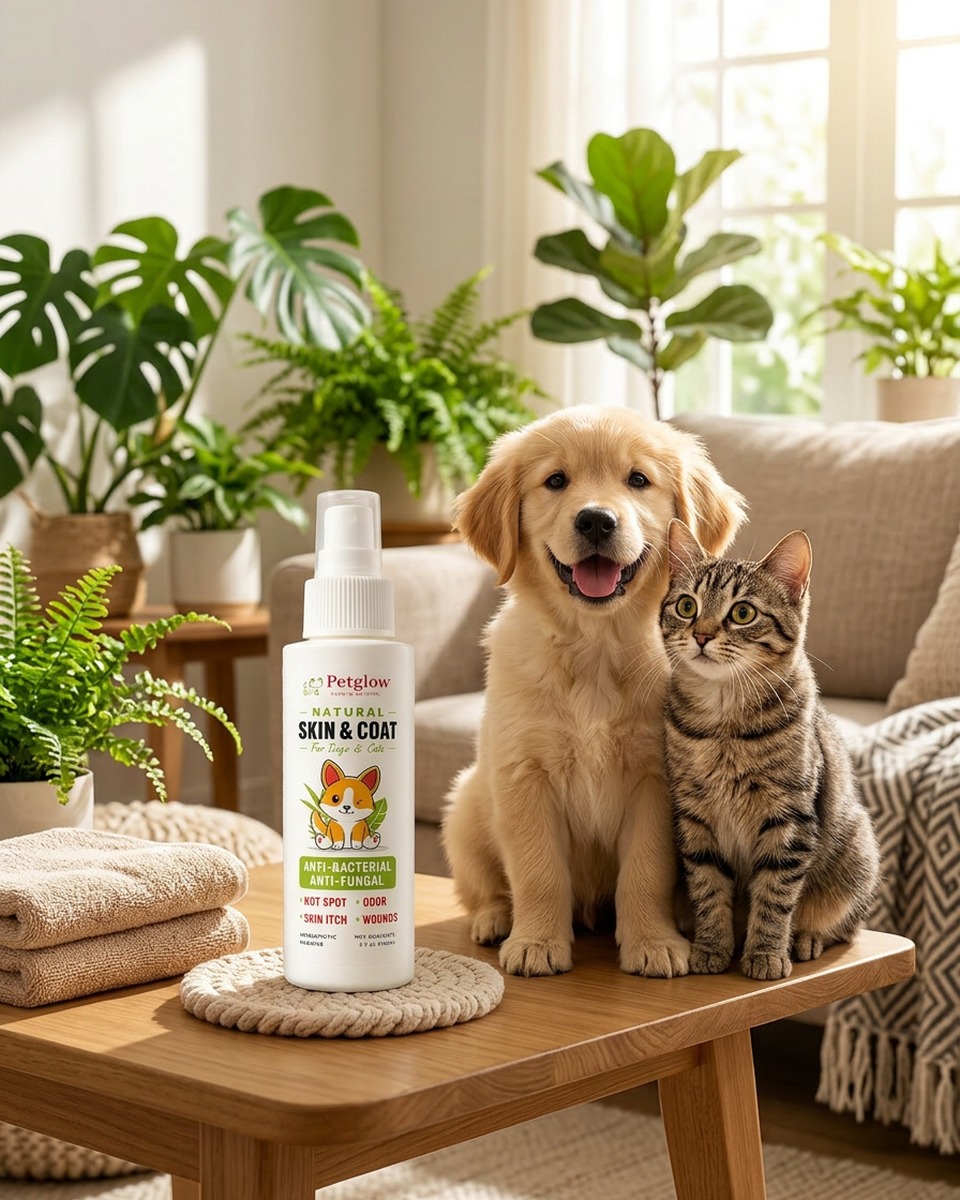 Happy dog and cat at home with PetGlow Skin & Coat spray on a wood table