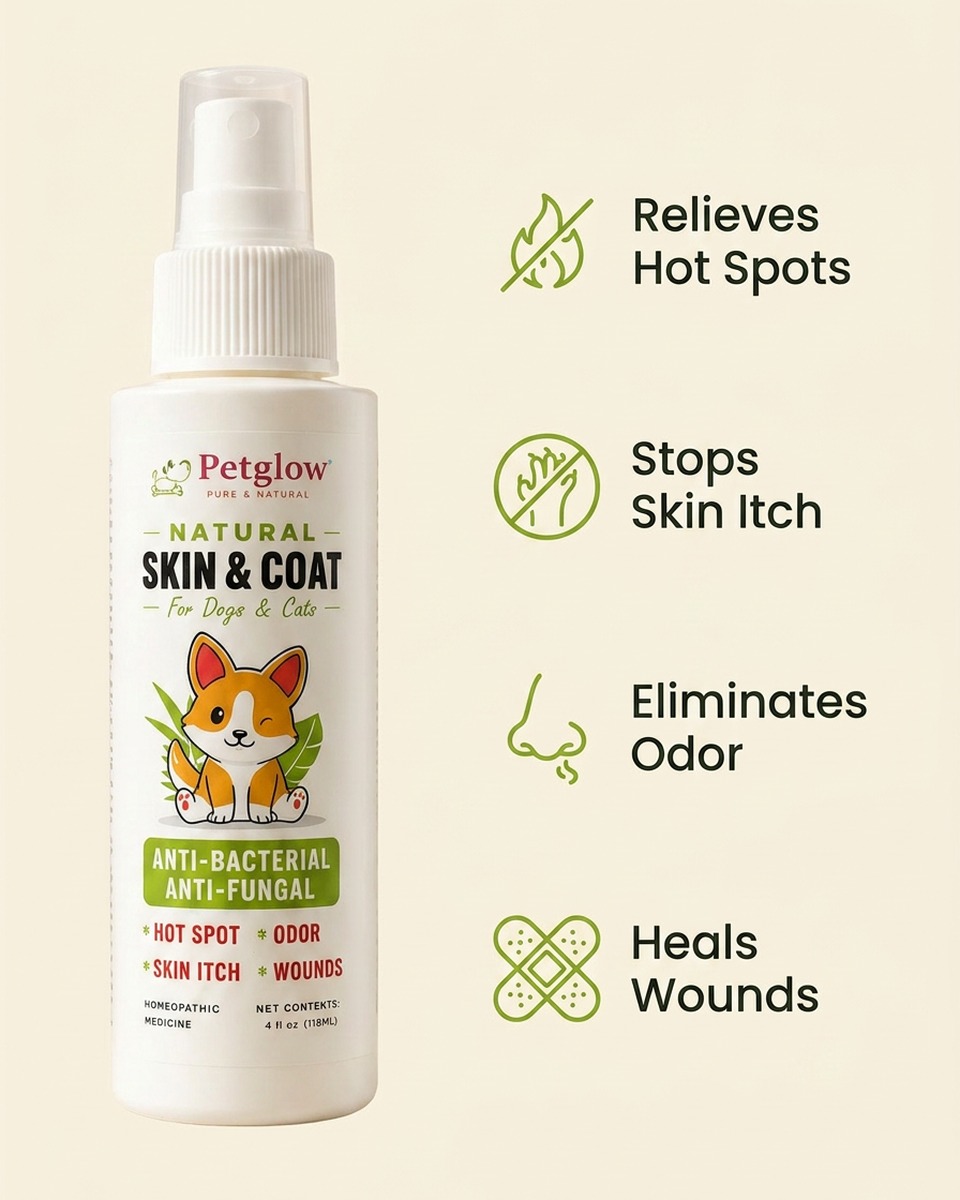 PetGlow Skin & Coat benefits — relieves hot spots, stops skin itch, eliminates odor, heals wounds