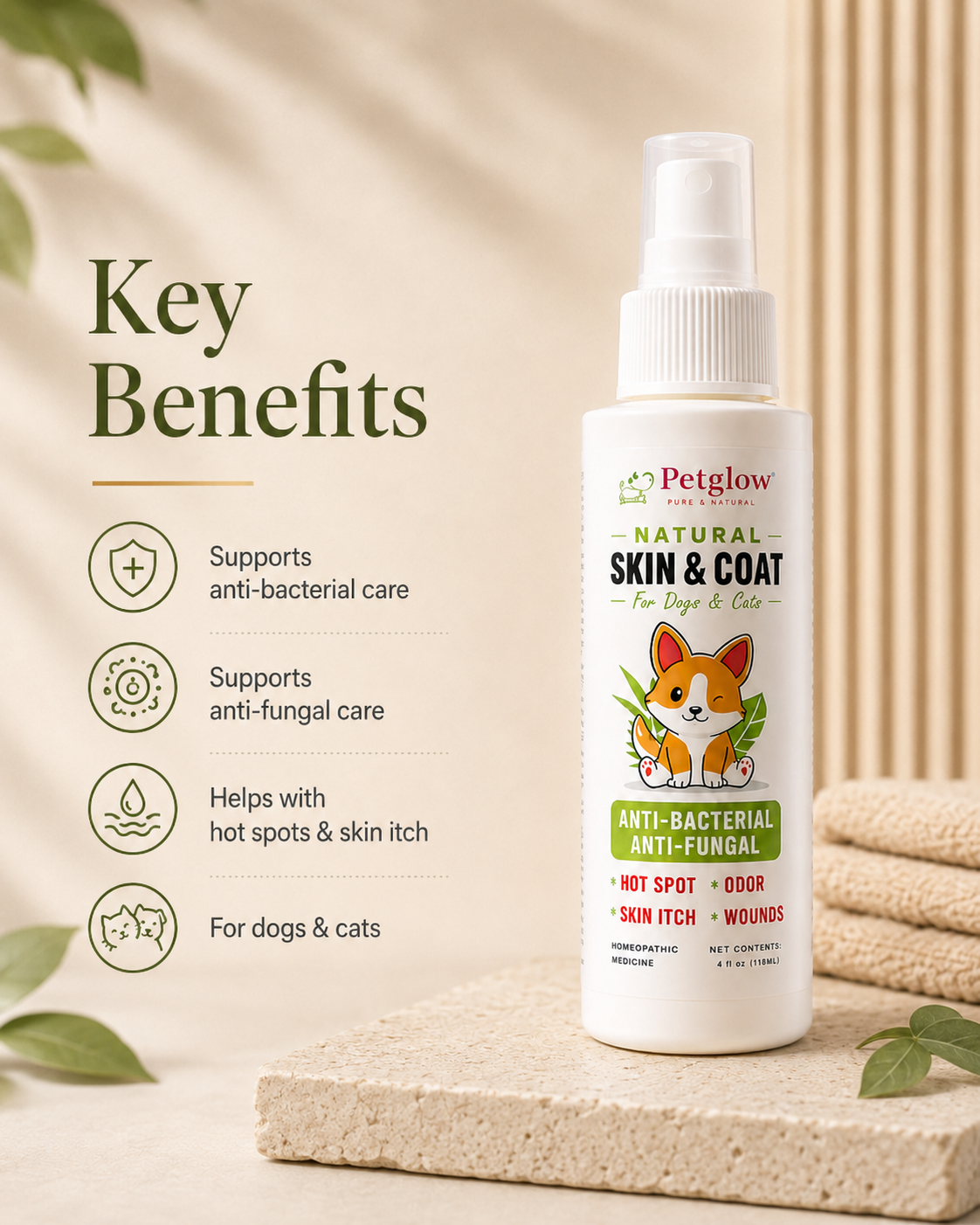 Key benefits — supports anti-bacterial and anti-fungal care, helps with hot spots and skin itch, for dogs and cats