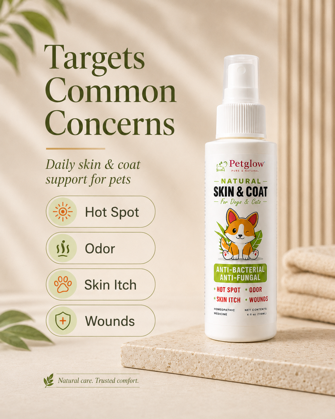 Targets common concerns — hot spot, odor, skin itch and wounds