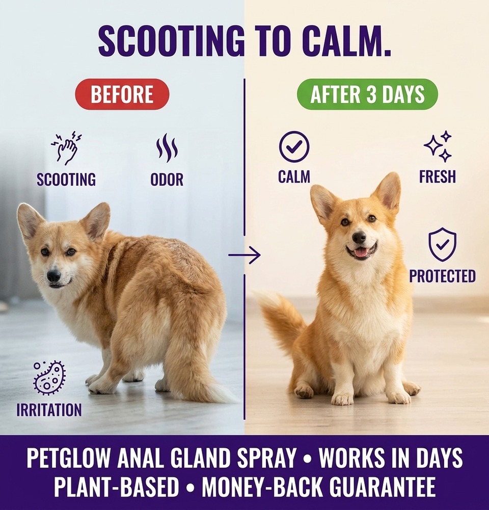 Dog anal gland spray before and after 3 days — from scooting, odor and irritation to calm, fresh and protected with Petglow plant-based formula