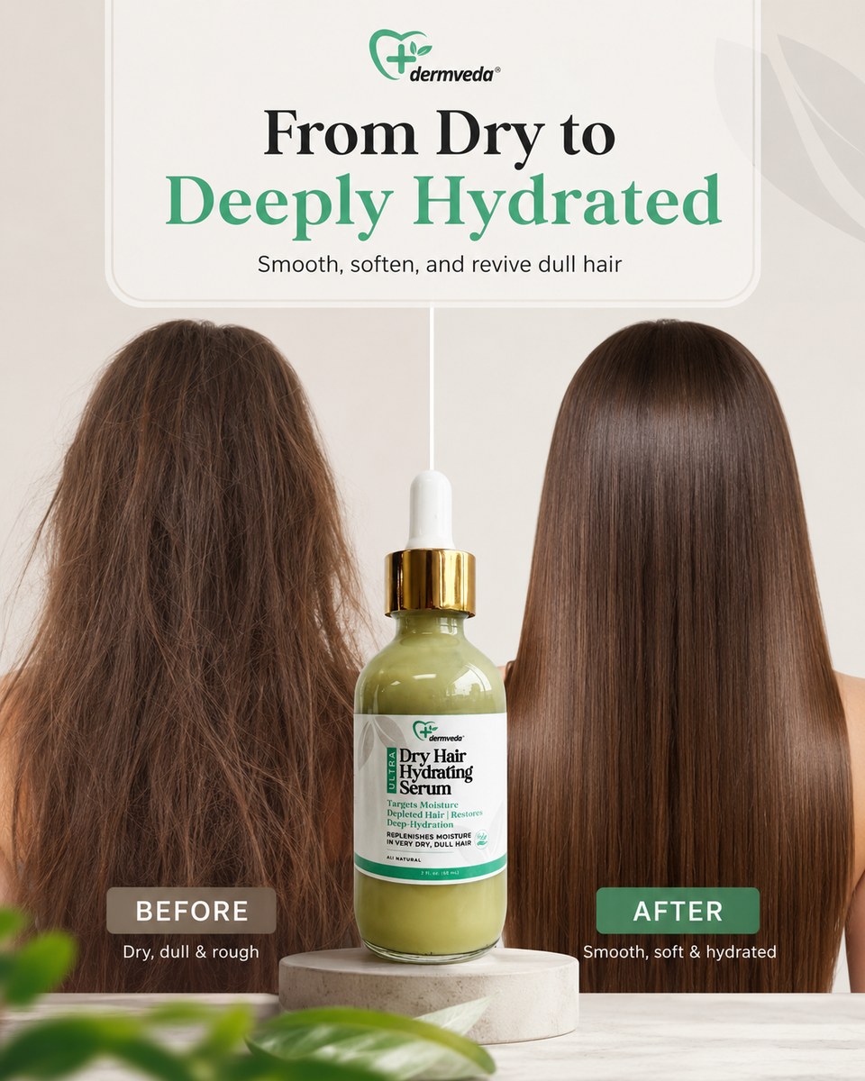 From dry to deeply hydrated — before and after using Dermveda Dry Hair Hydrating Serum