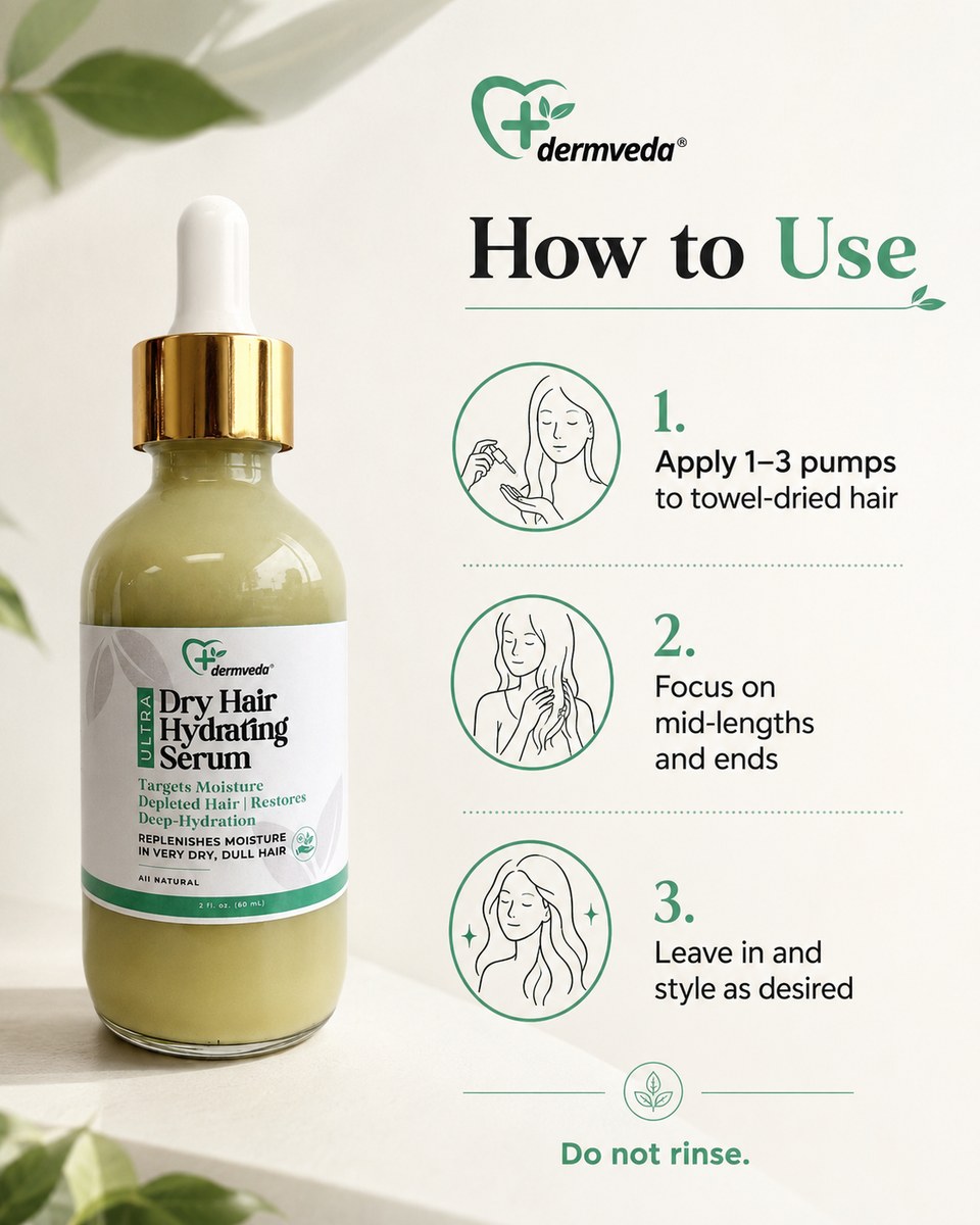 How to use Dry Hair Hydrating Serum — 1-3 pumps on towel-dried hair, focus on mid-lengths and ends, leave in