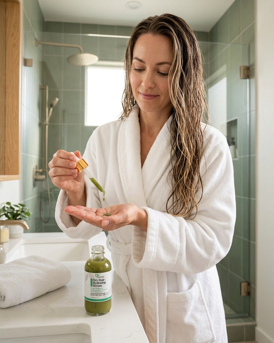Woman applying Dermveda Dry Hair Hydrating Serum dropper to wet hair after shower