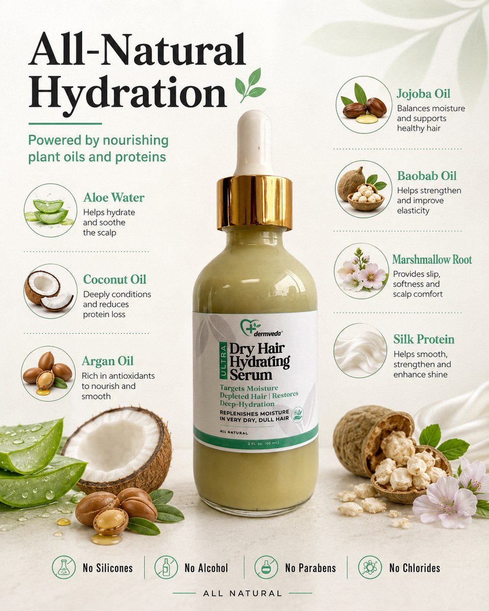 All-natural hydration — aloe water, coconut oil, argan, jojoba, baobab, marshmallow root, silk protein