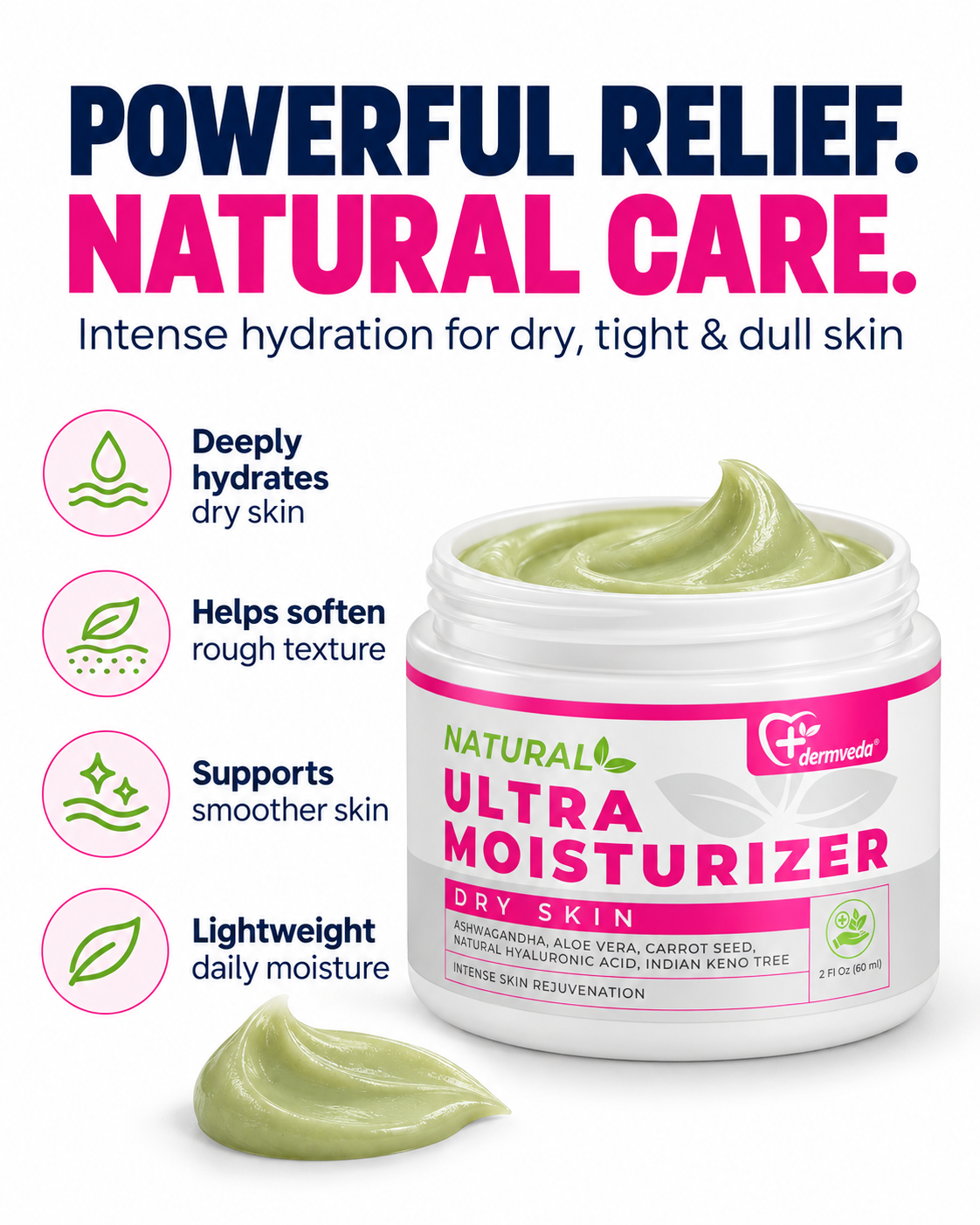 Benefits of Dermveda Ultra Moisturizer — deeply hydrates dry skin, softens rough texture, supports smoother skin, lightweight daily moisture