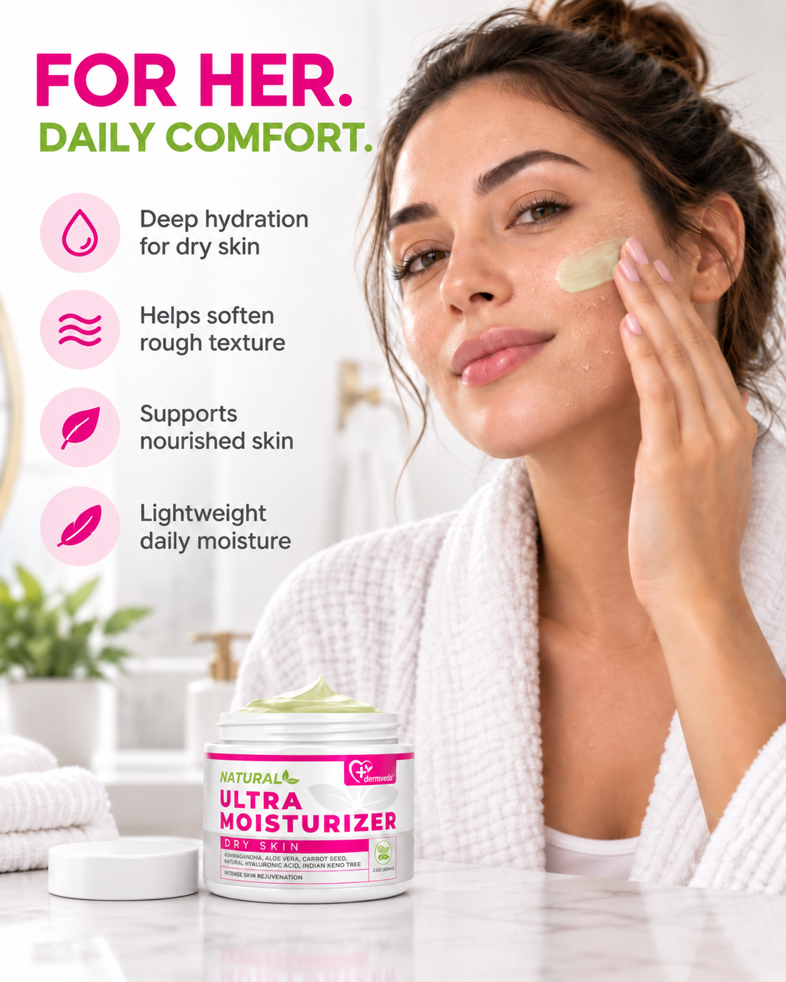 Woman applying Dermveda Ultra Moisturizer to dry skin patches in a bright bathroom — daily comfort for her