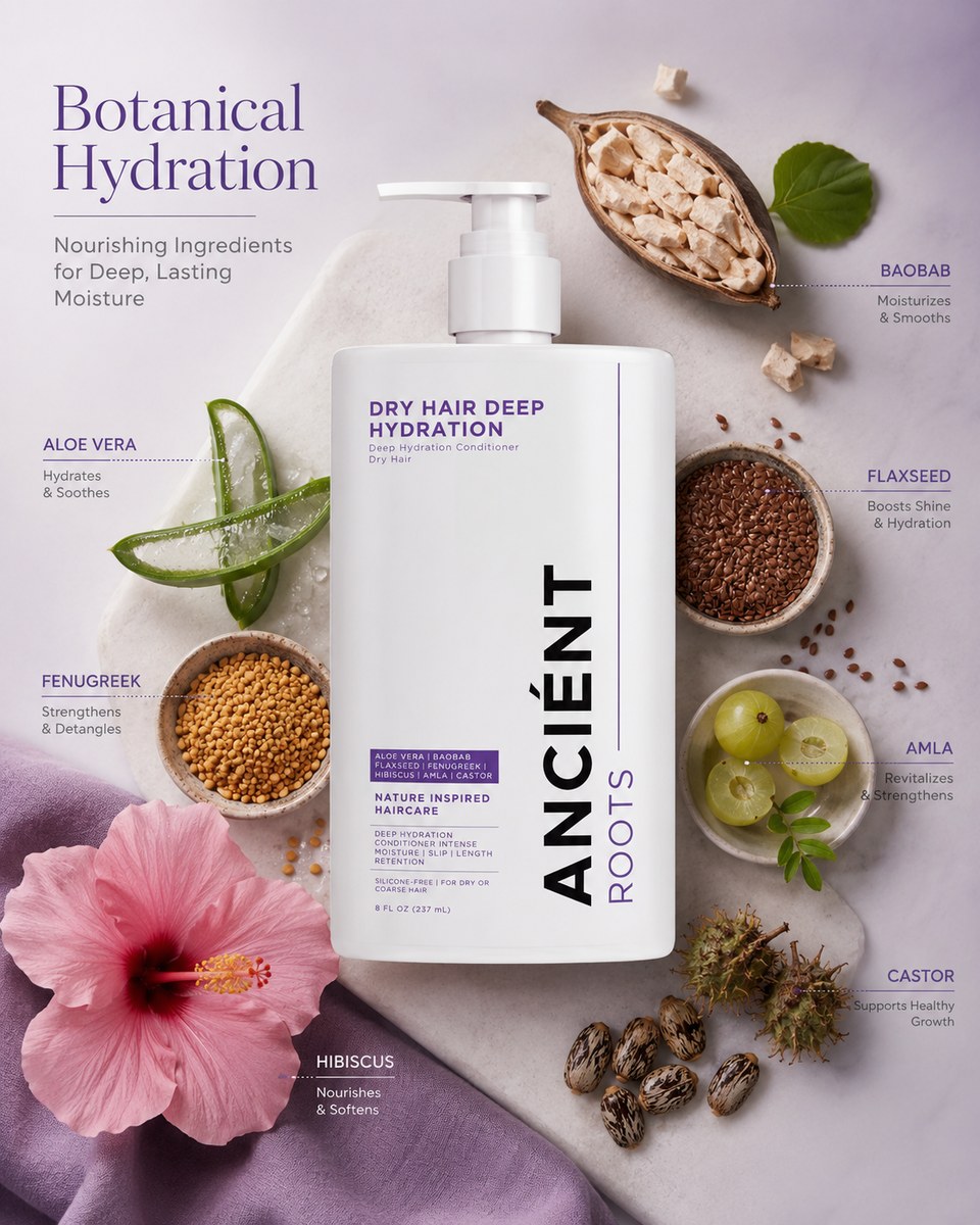 Botanical hydration ingredients including aloe vera, baobab, flaxseed, fenugreek, hibiscus, amla and castor oil