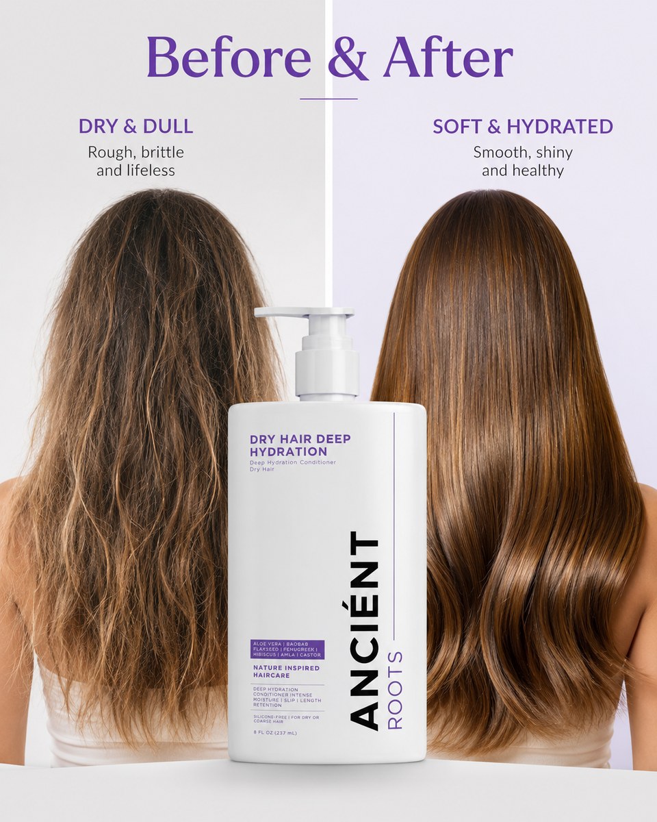 Before and after image showing softer, hydrated hair after using Ancient Roots Deep Hydration Conditioner