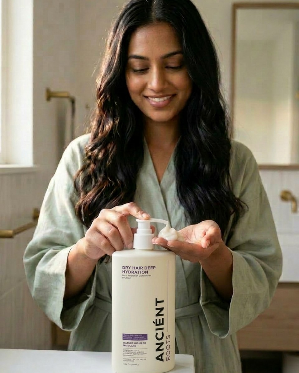 Model using Ancient Roots Deep Hydration Conditioner for Dry Hair