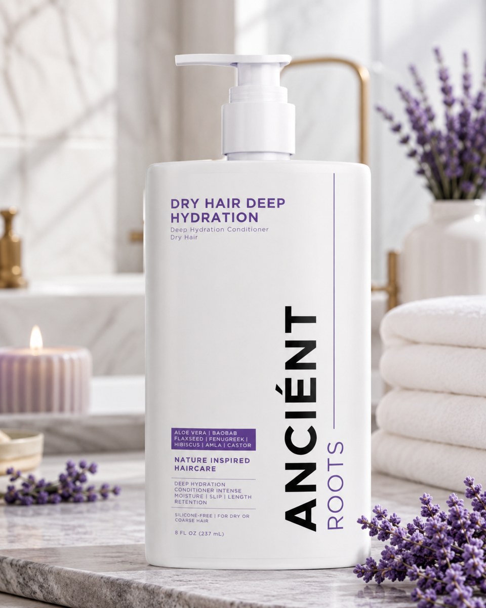Ancient Roots Deep Hydration Conditioner for Dry Hair on marble vanity