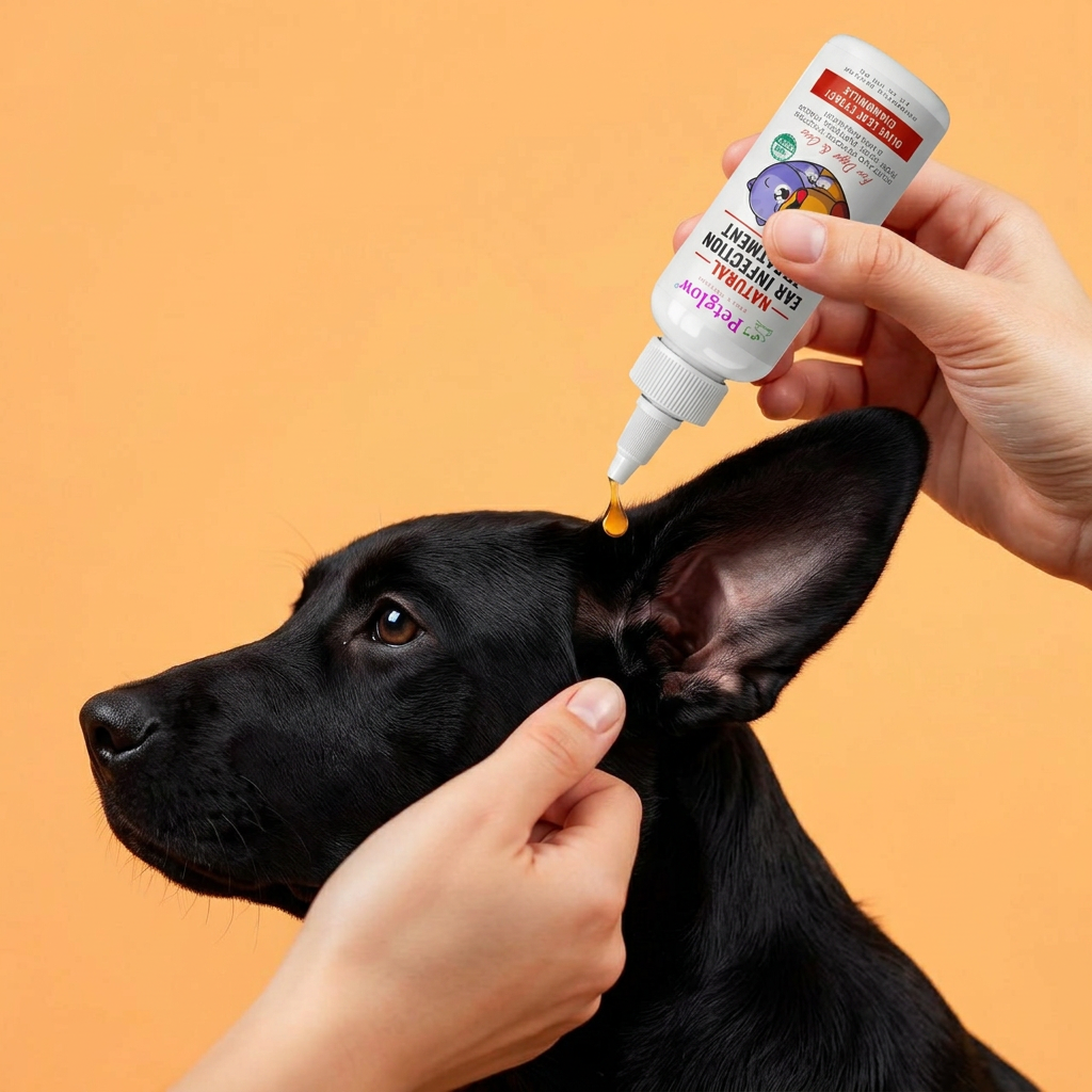 Pet parent gently applying ear drops to a calm dog