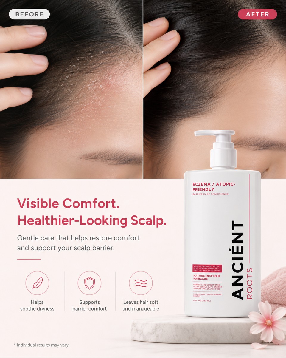 Before & after — from flaky, irritated-looking scalp to calmer, more comfortable scalp