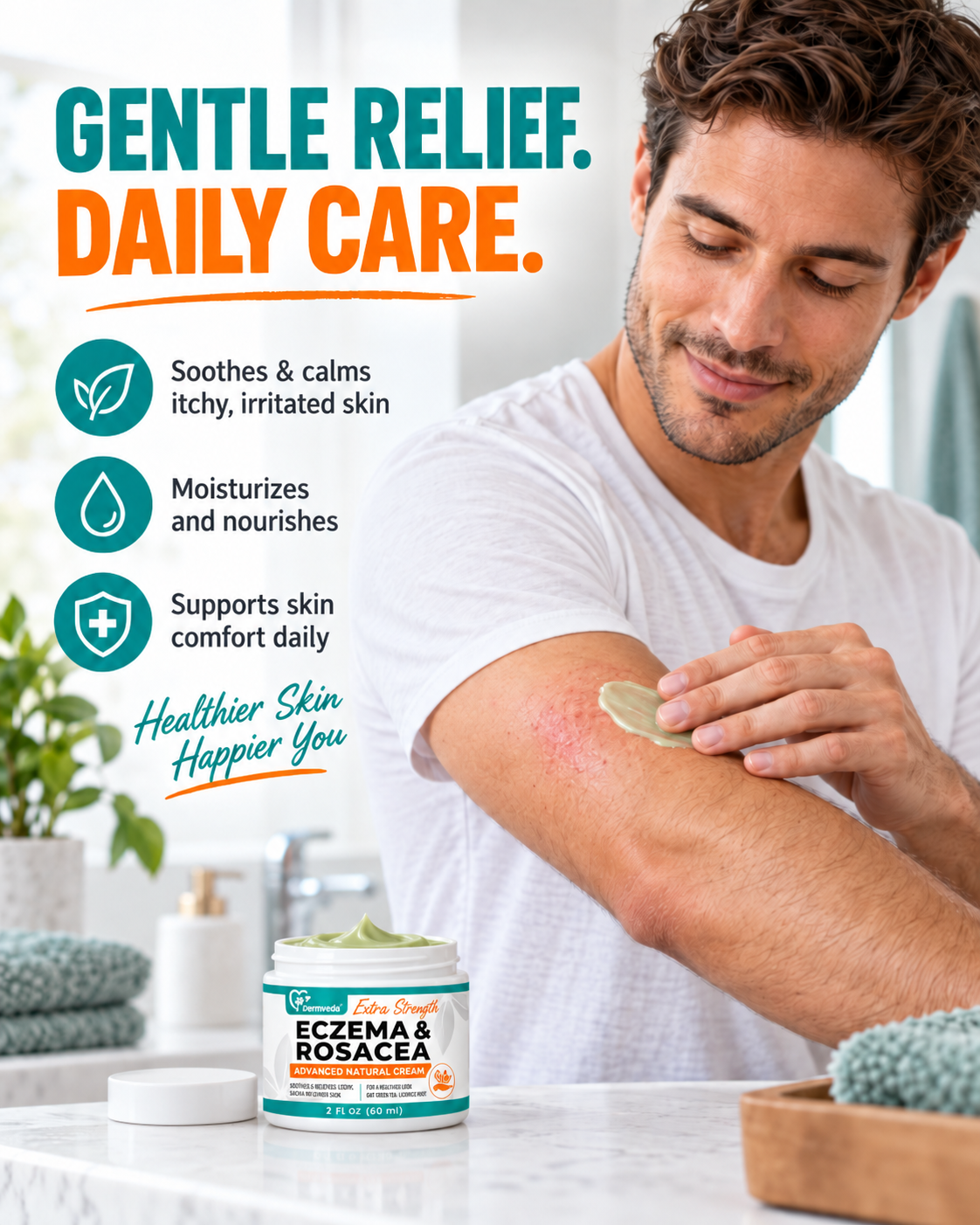 Man applying Dermveda Eczema and Rosacea Cream for gentle daily care