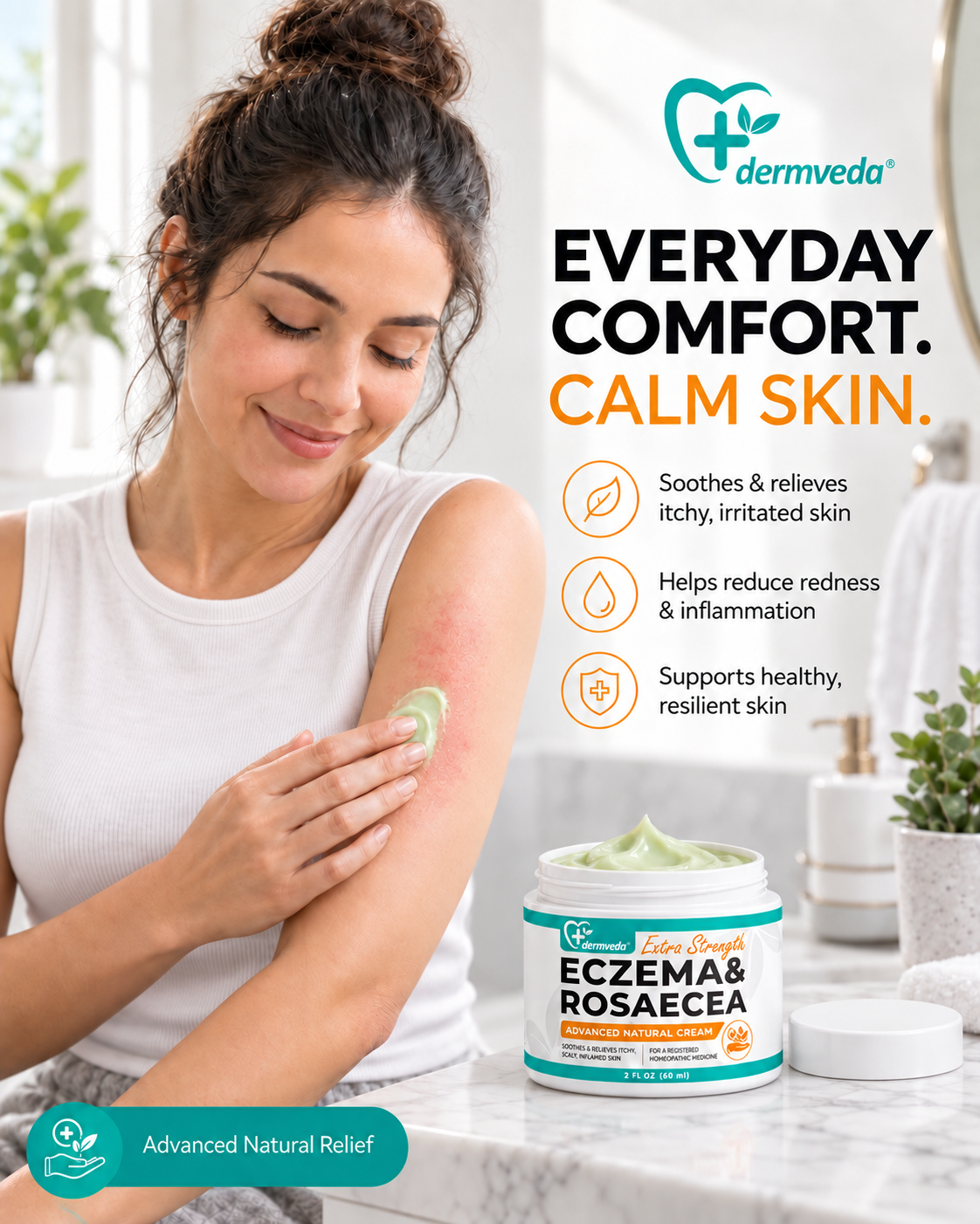 Woman applying Dermveda Eczema and Rosacea Cream for everyday skin comfort