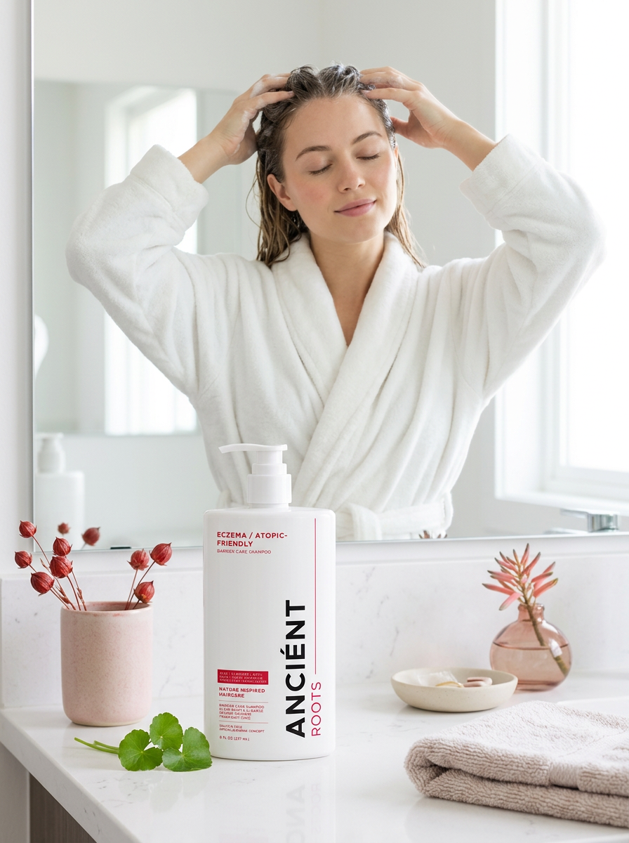 Woman gently massaging Ancient Roots Eczema & Atopic-Friendly Shampoo into her scalp — fragrance-free barrier care for reactive scalps