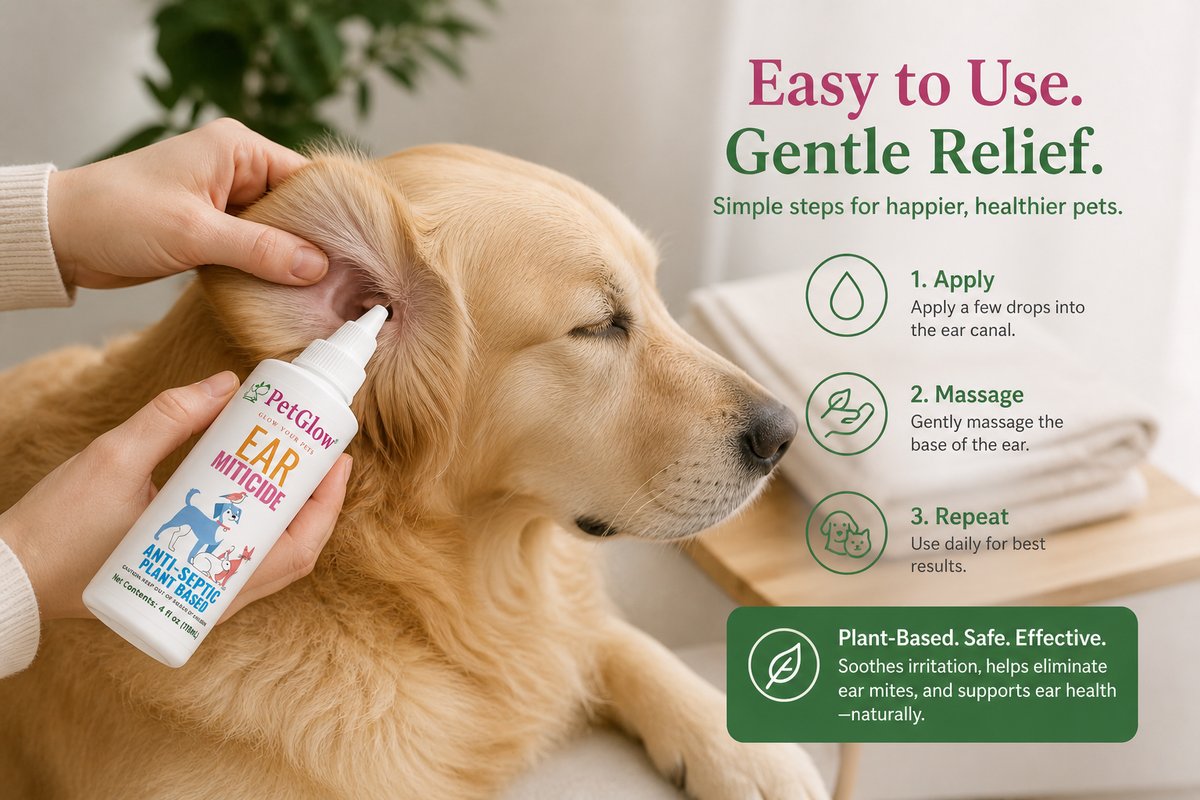 Pet parent gently applying PetGlow ear miticide drops to a calm dog