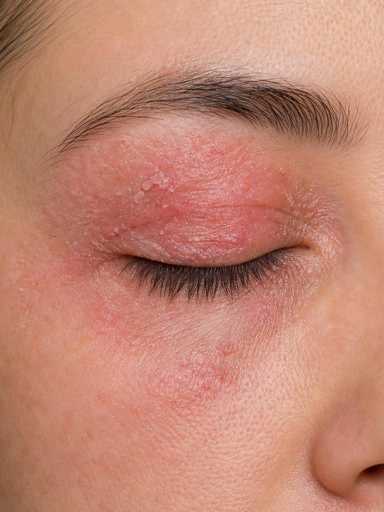 Before — red, flaky, irritated eyelid skin with visible blepharitis and eczema inflammation