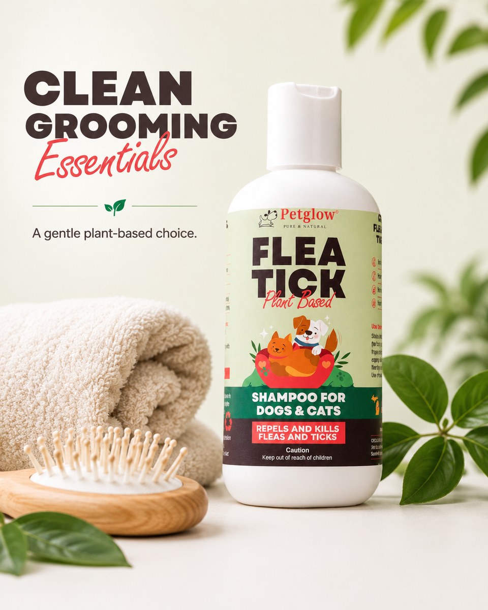 Clean grooming essentials — gentle plant-based flea and tick shampoo bottle with towel and brush