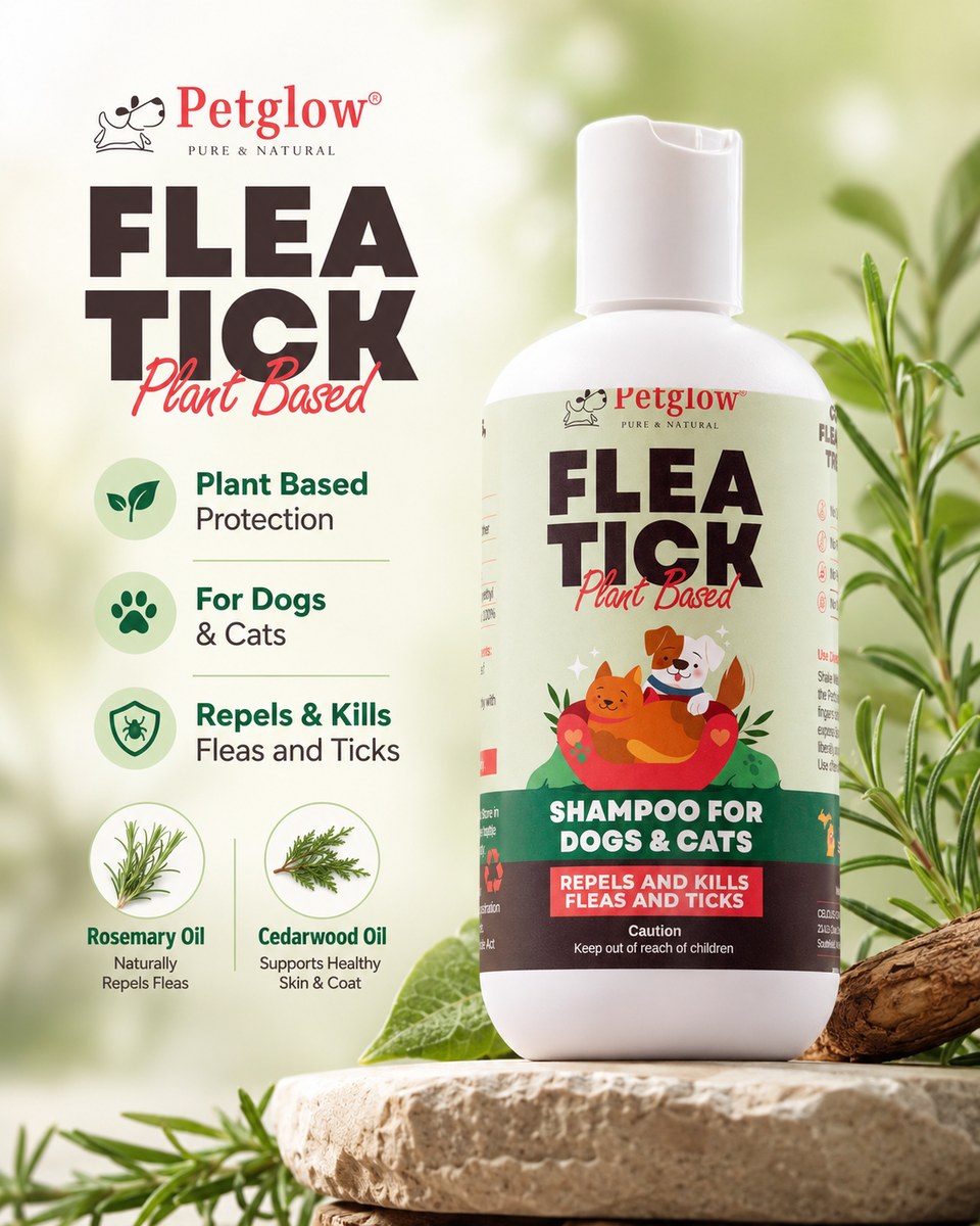 Flea & tick shampoo with rosemary oil and cedarwood oil — naturally repels fleas and supports healthy skin & coat