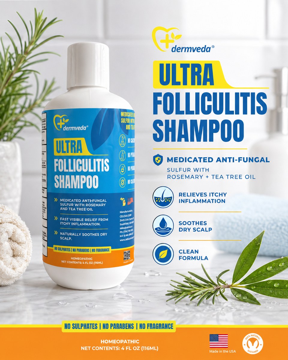 Dermveda folliculitis shampoo benefits — medicated antifungal sulfur, tea tree oil and rosemary for scalp relief