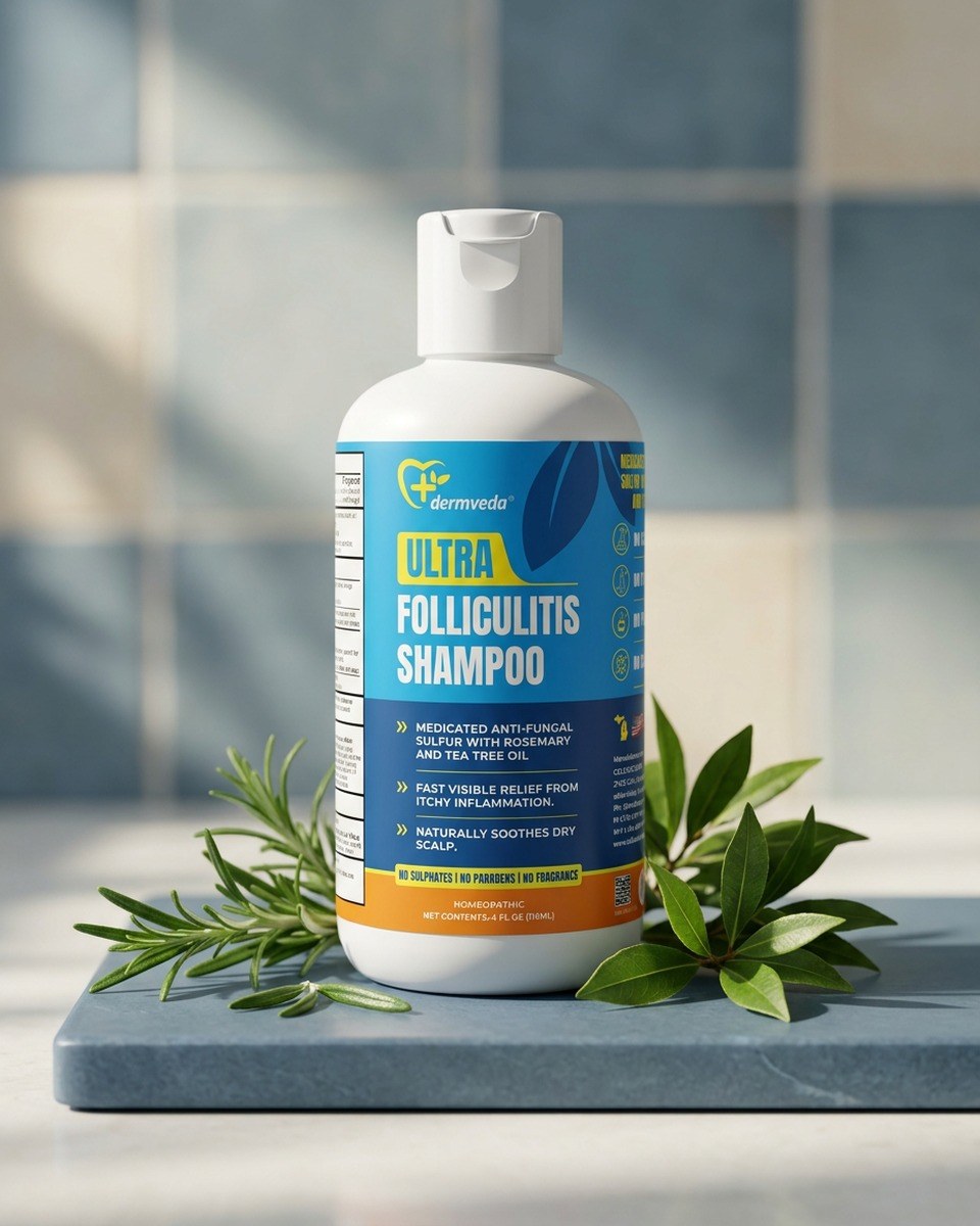 Dermveda folliculitis shampoo bottle with rosemary and tea tree sprigs on a stone surface