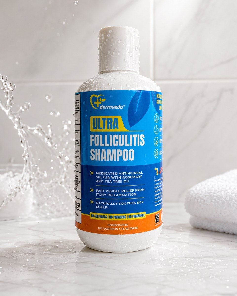 Dermveda Folliculitis Shampoo for itchy dry scalp, flaking and scaling — 8 fl oz bottle with sulfur and tea tree