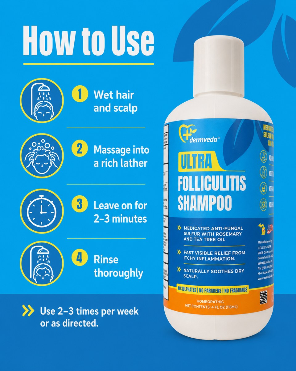 How to use Dermveda folliculitis shampoo — wet, massage, leave 2–3 minutes, rinse thoroughly