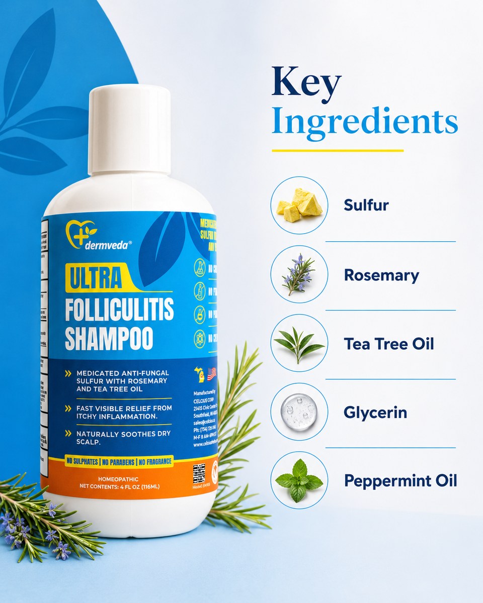 Key ingredients — sulfur, tea tree, neem and karanja oil for folliculitis, dandruff and flaking scalp