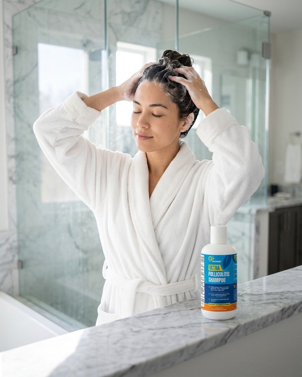 Woman in a white robe massaging Dermveda folliculitis shampoo into her scalp in a bright bathroom