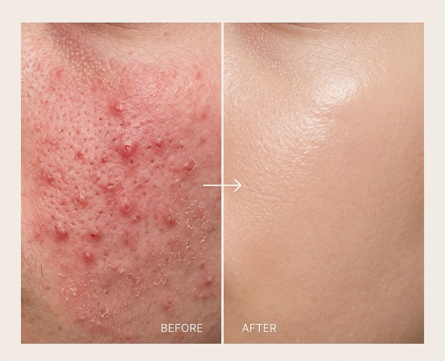 Before and after using Dermveda Ultra Folliculitis Treatment Cream — inflamed, bumpy skin on the left and calm, clear skin on the right