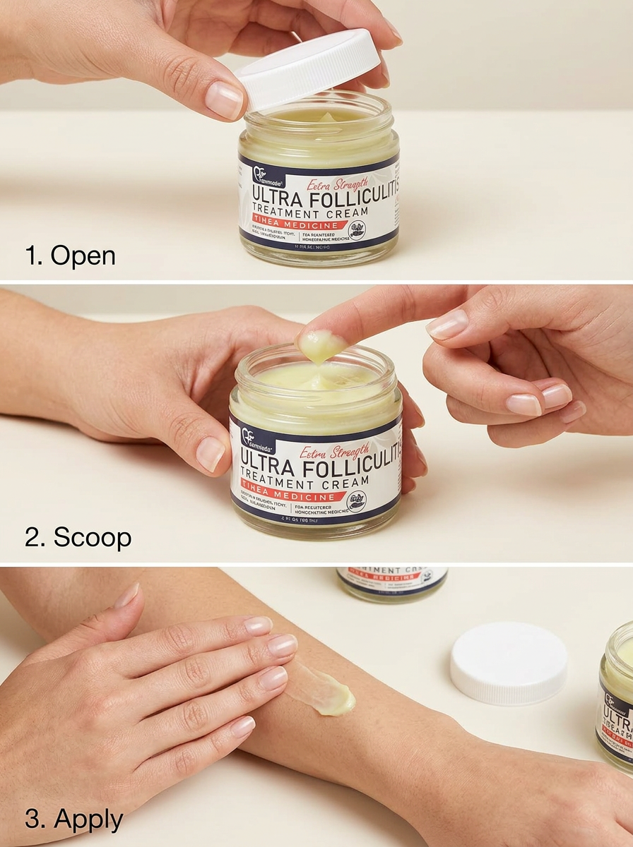 How to use Ultra Folliculitis Treatment Cream — three steps: open the jar, scoop a small amount, and apply to the affected area