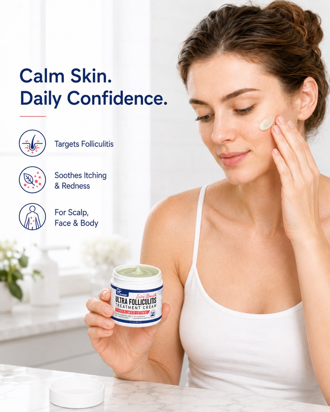 Woman with calm, clear skin using folliculitis treatment cream in her daily skincare routine