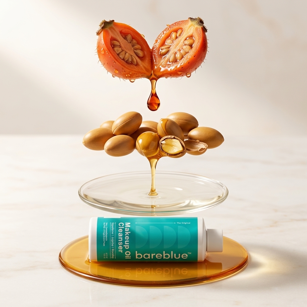 Bareblue Makeup Oil Cleanser ingredient stack showing rosehip fruit, argan-style botanical oils and the cleansing oil formula
