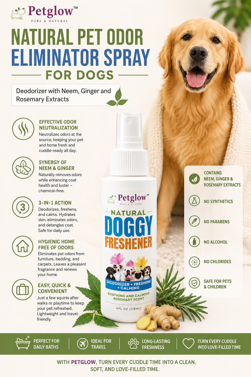 Natural pet odor eliminator with neem, ginger and rosemary extracts
