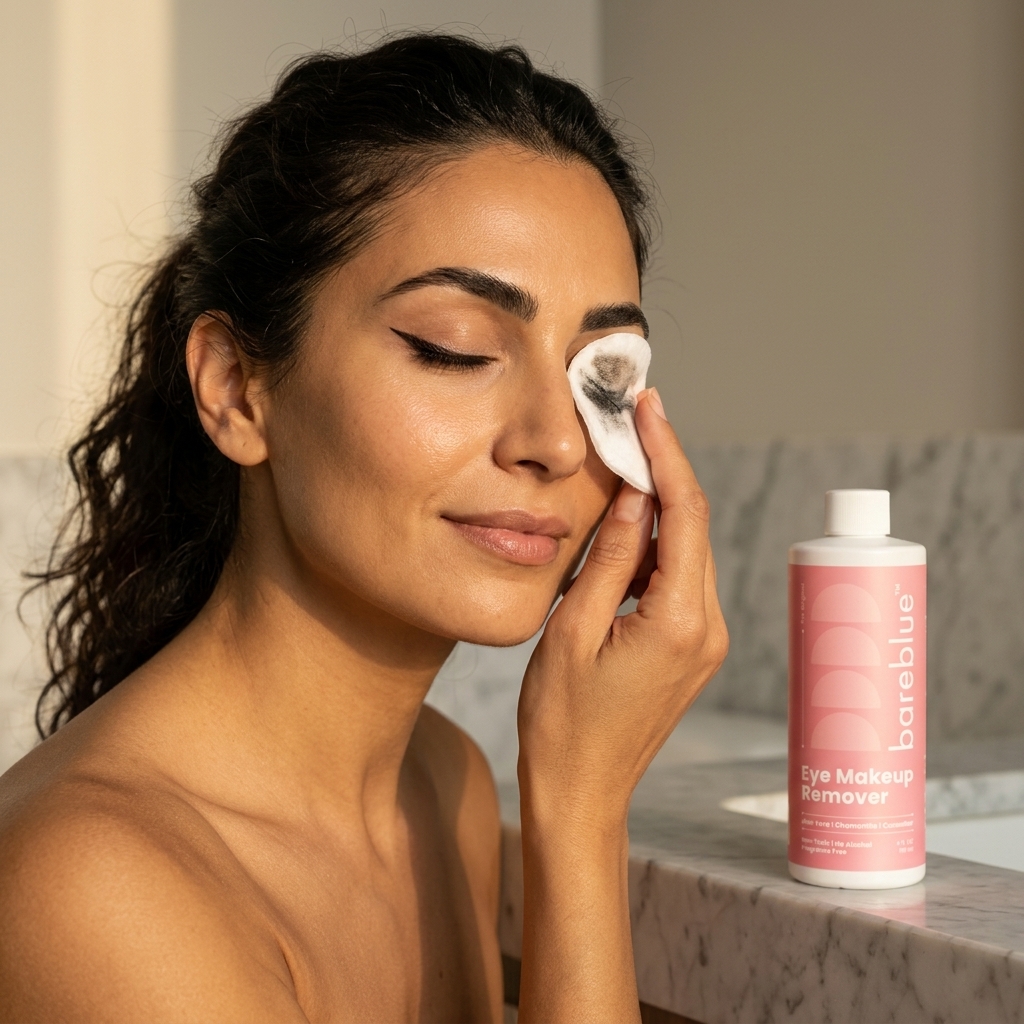 Customer gently removing eyeliner with Bareblue eye makeup cleanser for sensitive eyes
