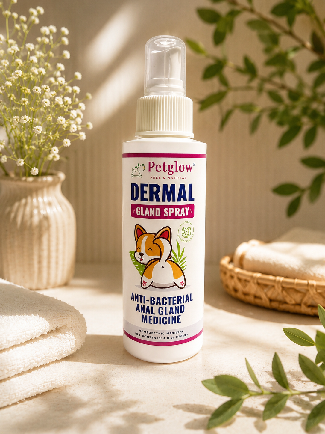 Petglow Dermal Gland Spray bottle with natural botanicals
