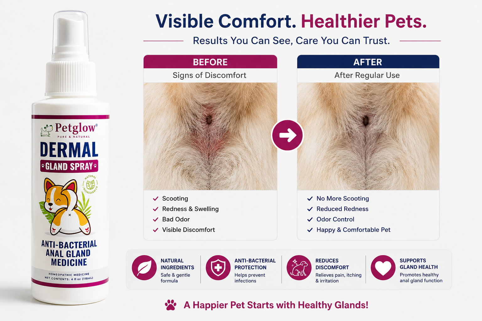 Before and after — visibly calmer, less red, comfortable gland area in 30 days