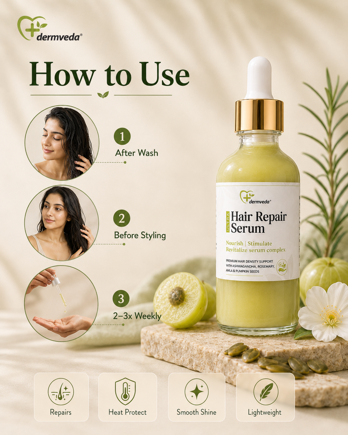 How to use Ultra Hair Repair Serum — after wash, before styling, 2–3x weekly
