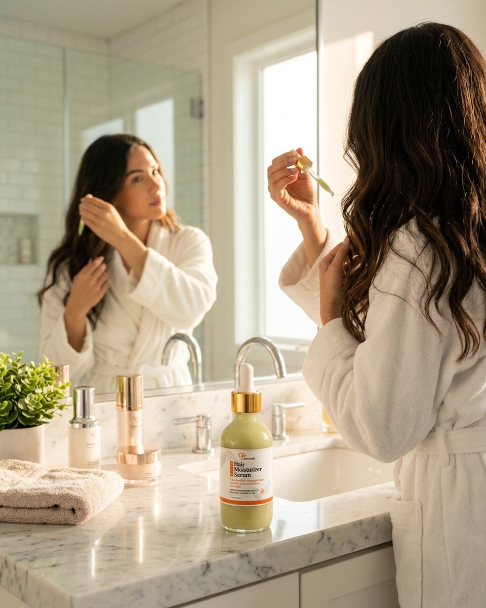Woman applying Dermveda Hair Moisturizer Serum dropper to wet hair after shower