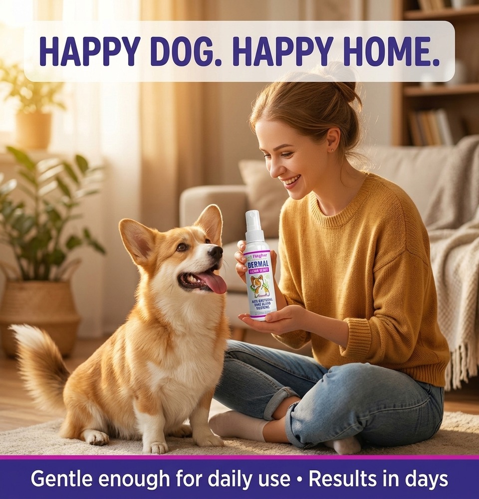 Happy dog with pet parent using Petglow anal gland spray at home — gentle enough for daily use, results in days