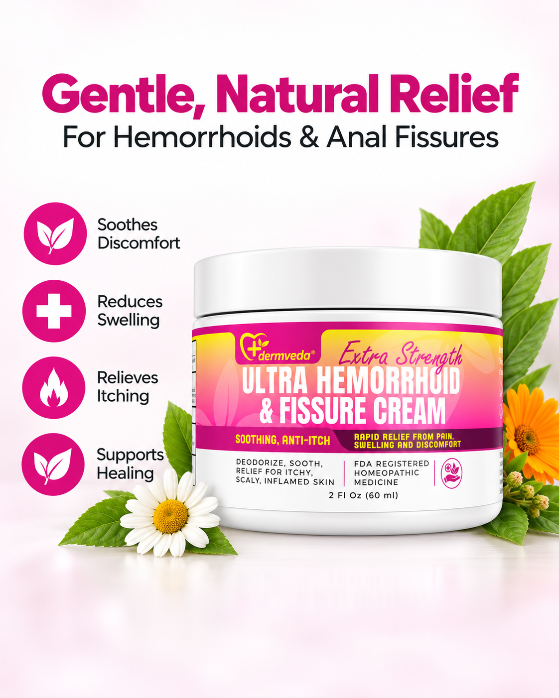 Key benefits — natural, steroid-free, soothing, rapid relief for hemorrhoids and fissures