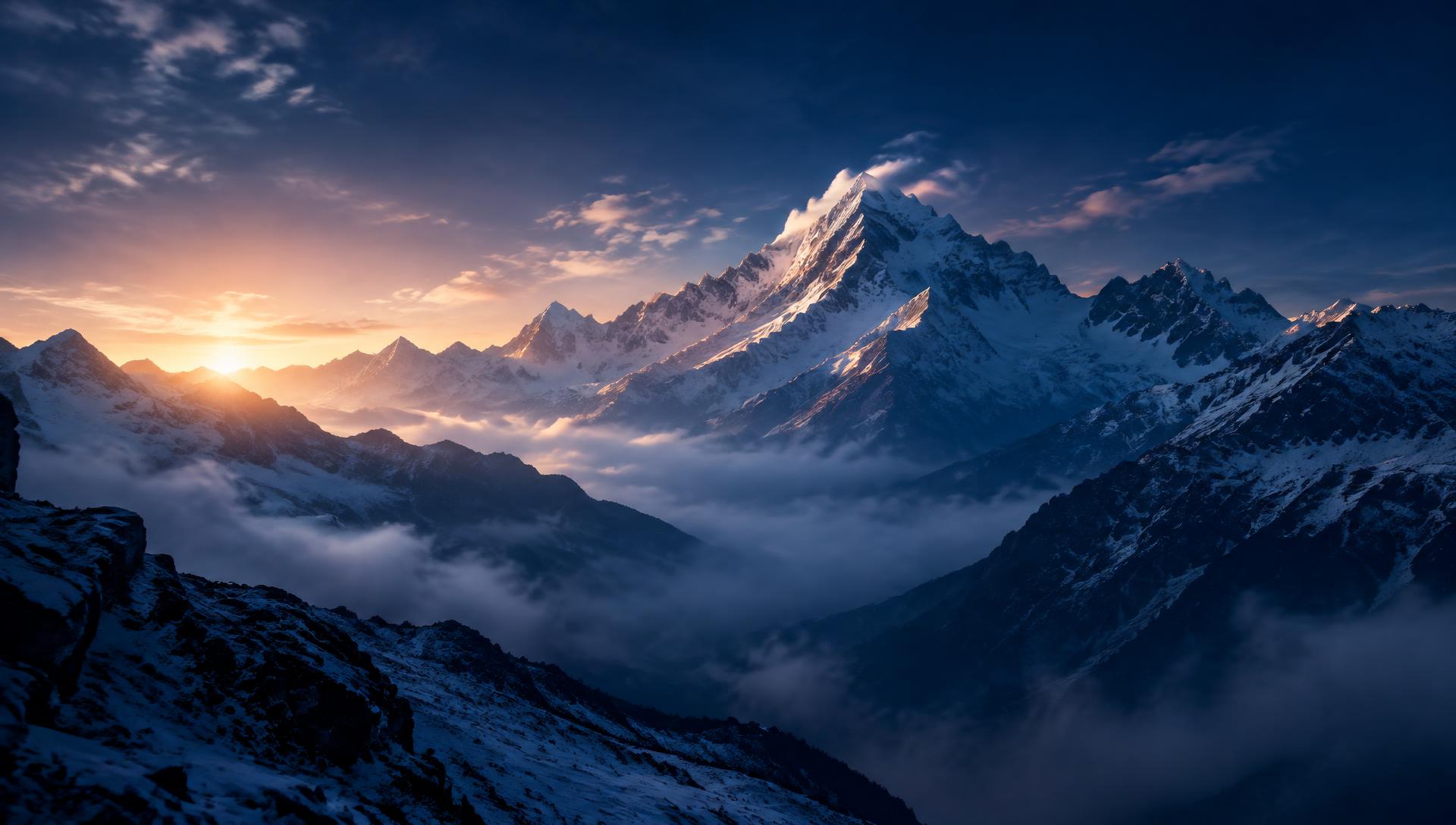 Snow-capped Himalayan peaks at dawn, 8,000 ft elevation